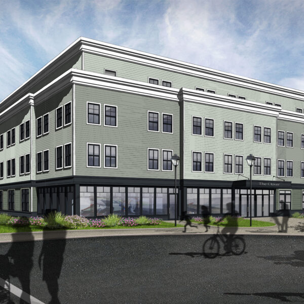Architectural rendering of Modern four-story apartment building with green facade and large windows on a sunny day.