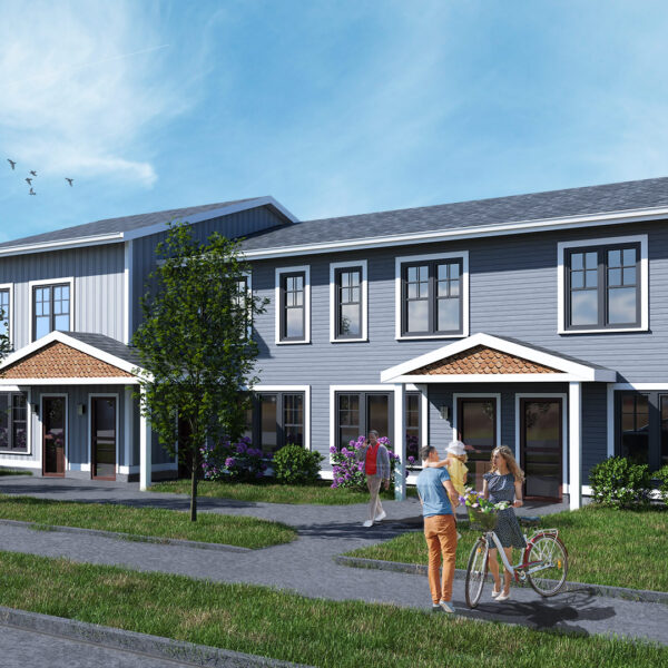 Rendering of townhouse style housing with people walking on sidewalk in front