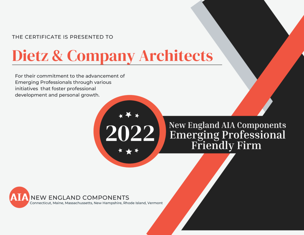Certificate awarded to Dietz & Company Architects for supporting Emerging Professionals, issued by AIA New England Components.