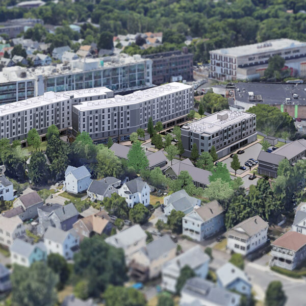 Rendered aerial view of Walkling Court apartment buildings in city neighborhood