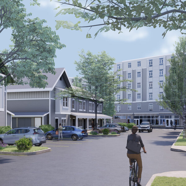 Rendering of exterior of Walkling Court town house style apartments with 6-story apartment building in background