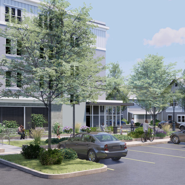 Rendering of exterior of Walkling Court apartment building and parking lot