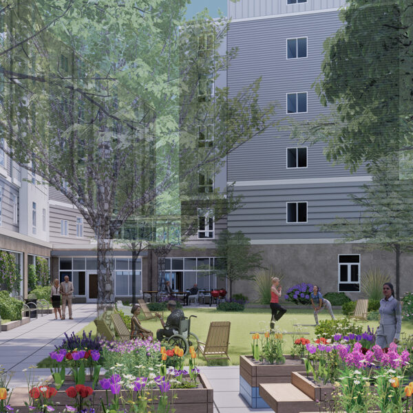 Rendering of Walking Court apartment building courtyard with people