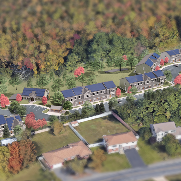 Aerial view rendering of neighborhood with townhouses with solar panels on roofs