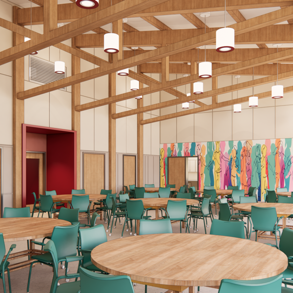 Modern community room with wood beam ceiling, round tables, teal chairs, pendant lighting, and colorful mural in bright multipurpose gathering space