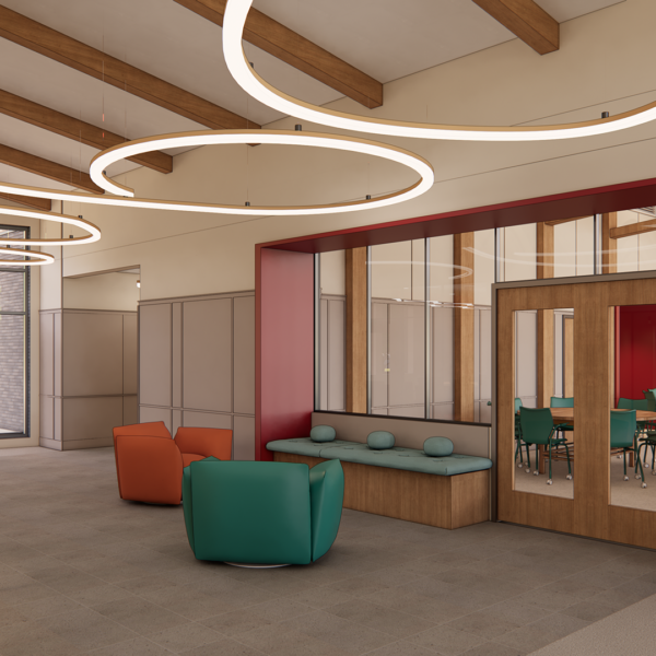 Modern lobby lounge with wood beam ceiling, sculptural LED ring lighting, glass partitions, and colorful seating in bright contemporary community space