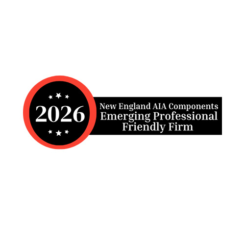 A red circle surrounds the year 2026 with the text New England AIA Components Emerging Professional Friendly Firm in white on a black background.