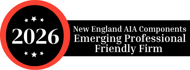 A red circle surrounds the year 2026 with the text New England AIA Components Emerging Professional Friendly Firm in white on a black background.